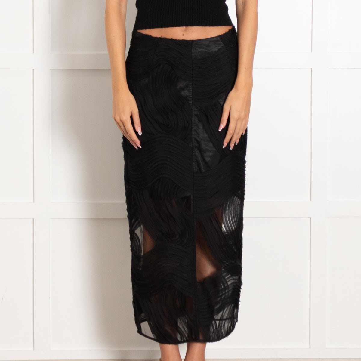 Day Birger et Mikkelson Black Maxi Skirt With Sheer Textured Wave Pattern