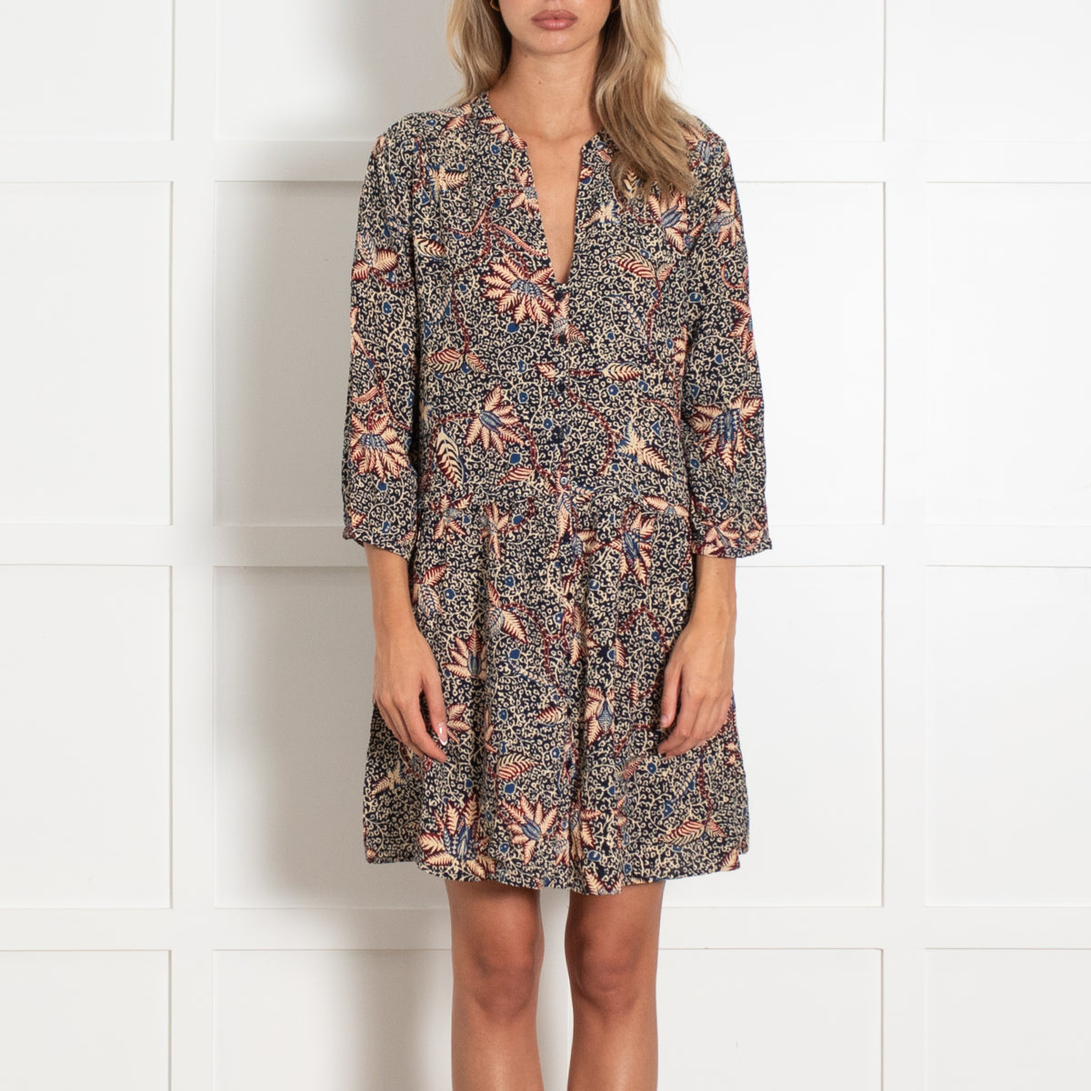 Bash Navy Beige Red Floral Button Up Mini Dress