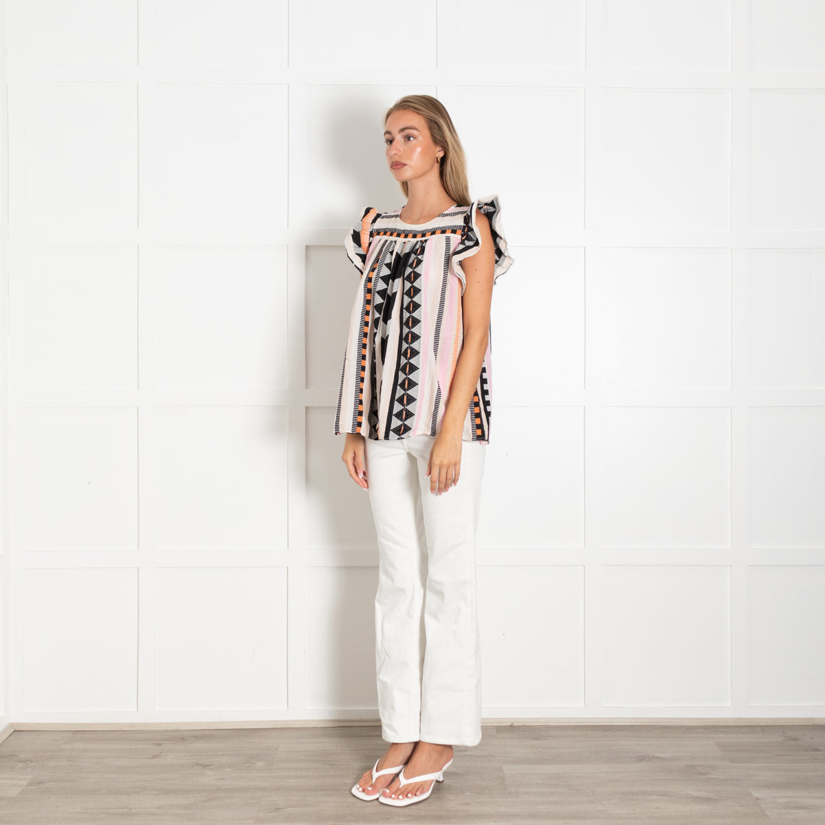 Devotion Twins Beige Black Pink Frill Sleeves Cotton Top