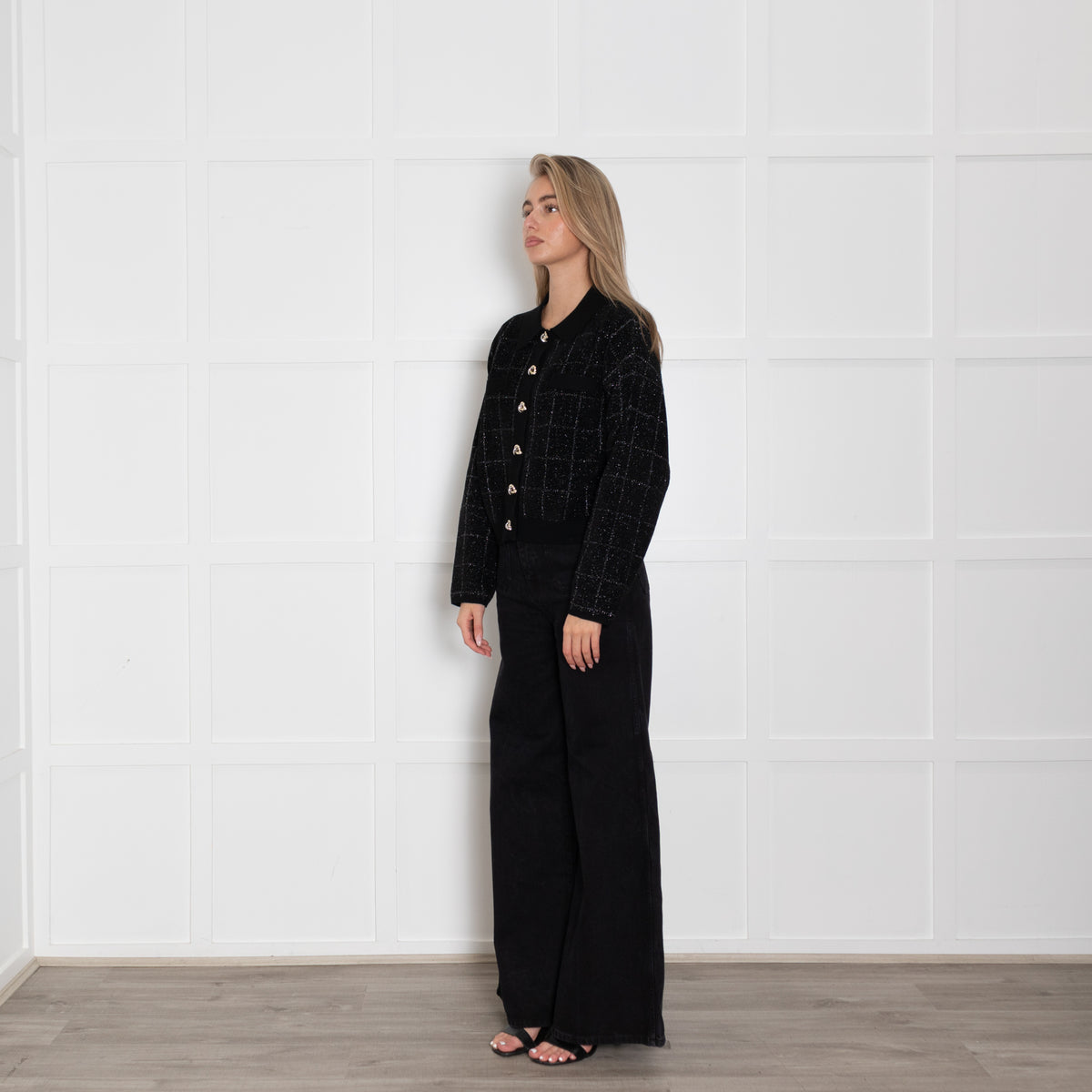 Boss Black Cropped Jacket in Sparkle Tweed With Gold Buttons