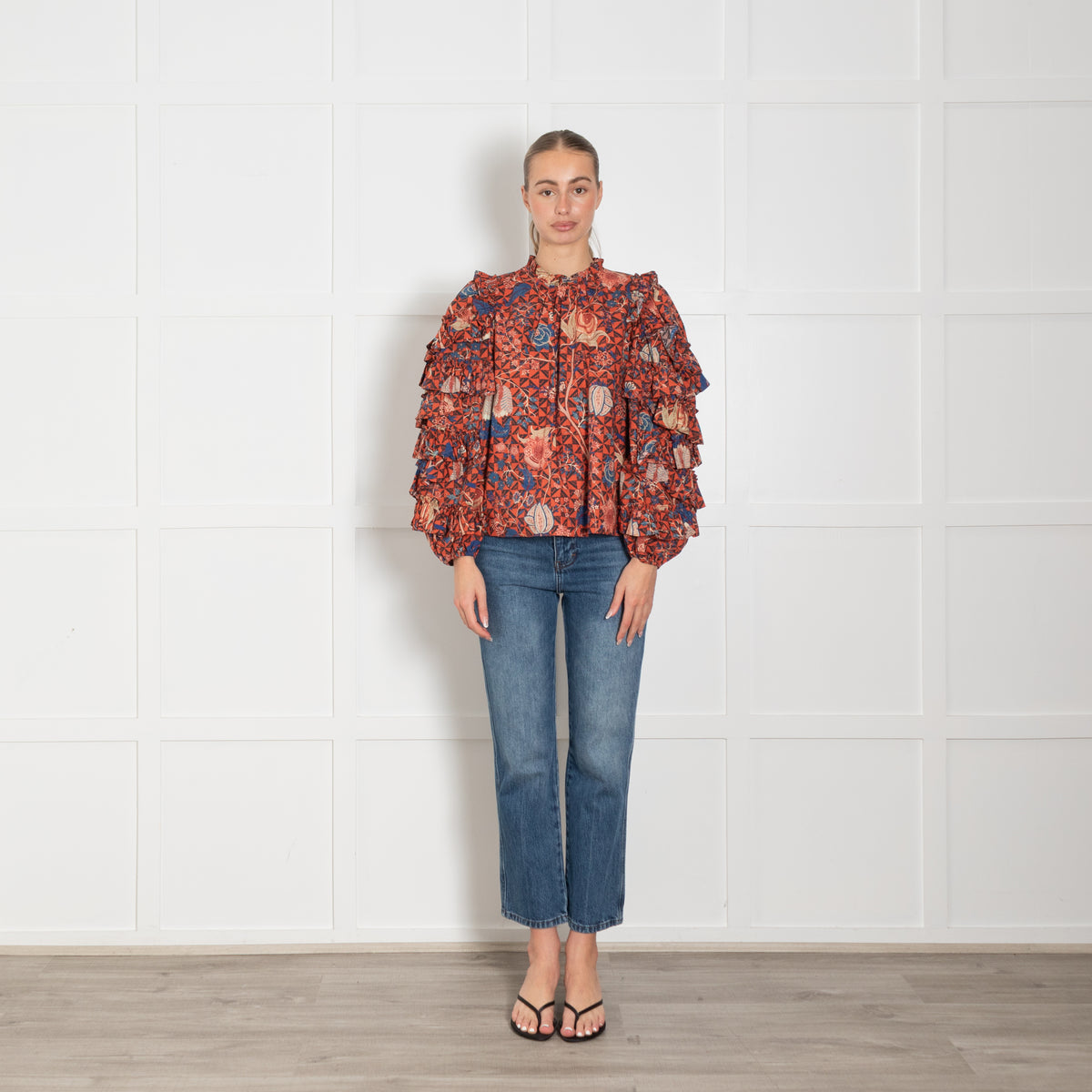 Ulla Johnson Hibiscus Floral Cotton Blouse With Ruffled Sleeves