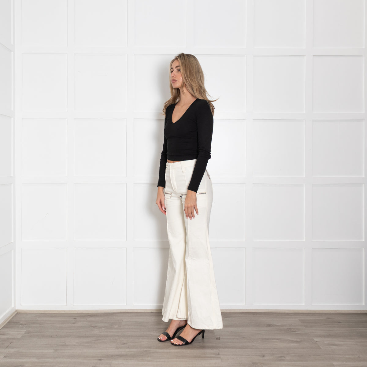 Chloe White Denim Flared Jeans with Silver Zip Details