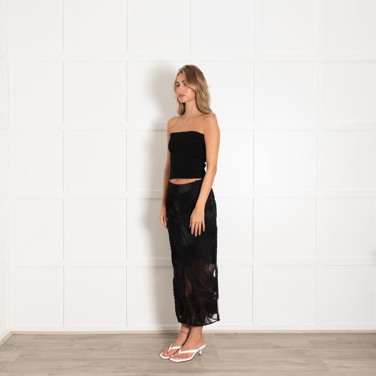 Day Birger et Mikkelson Black Maxi Skirt With Sheer Textured Wave Pattern
