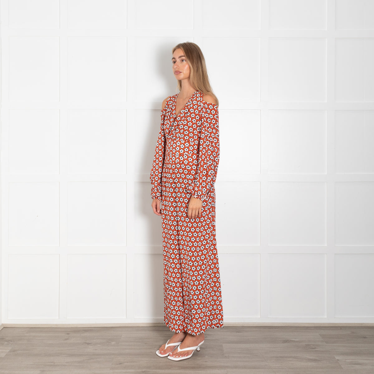 Diane Von Furstenberg Orange Black Cream Flower Wrap Jumpsuit
