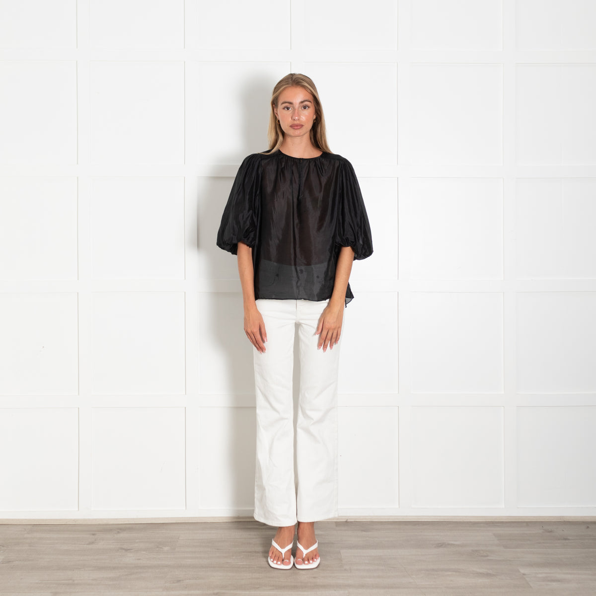 Me + Em Black Puffed Sleeves Silk Top