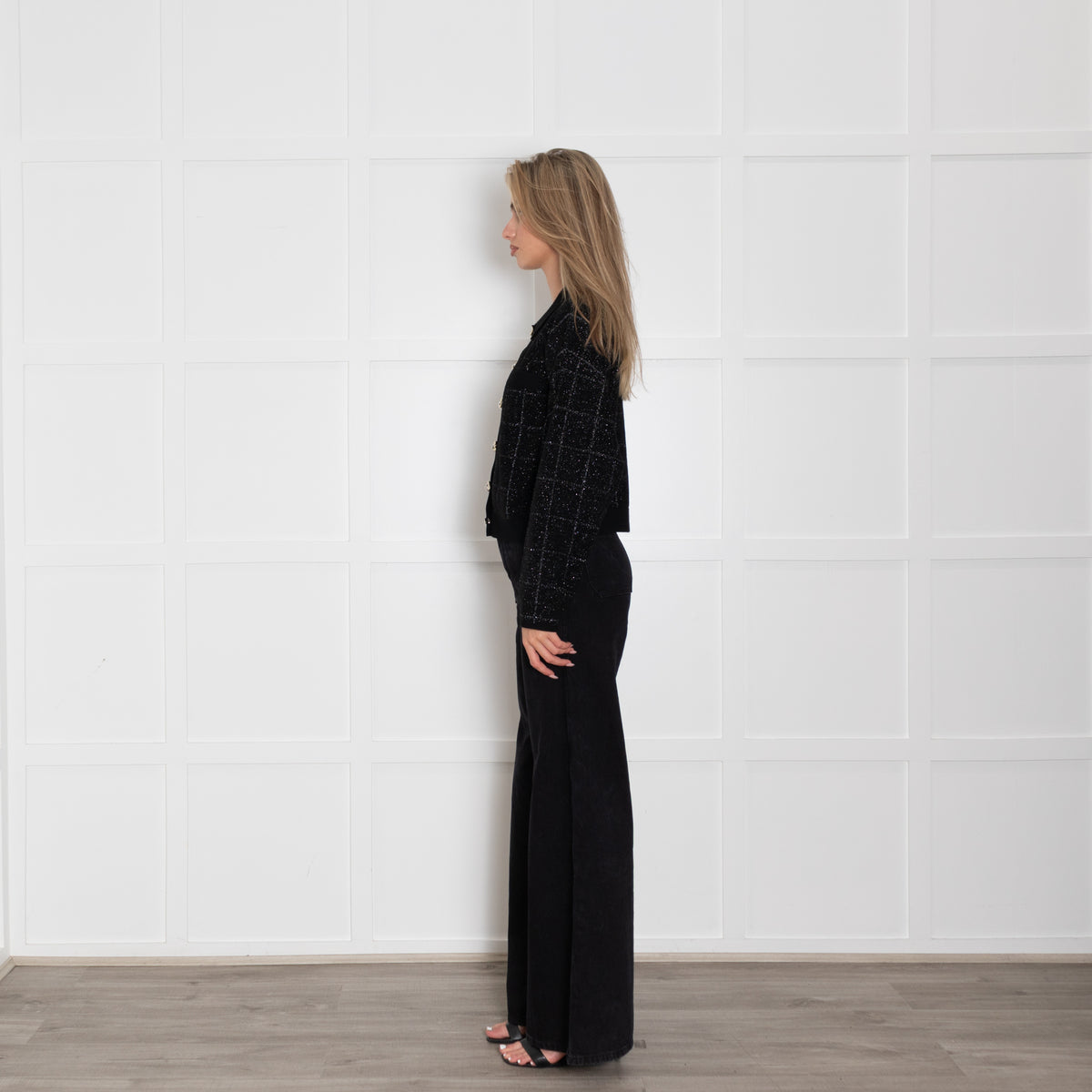 Boss Black Cropped Jacket in Sparkle Tweed With Gold Buttons