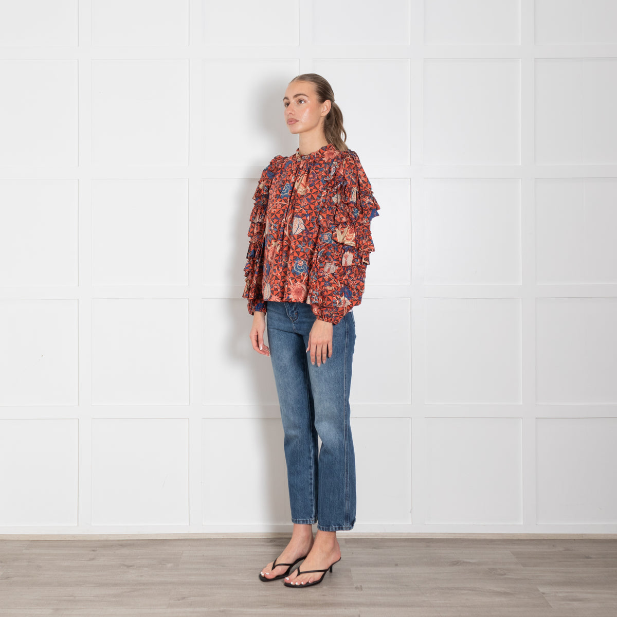 Ulla Johnson Hibiscus Floral Cotton Blouse With Ruffled Sleeves