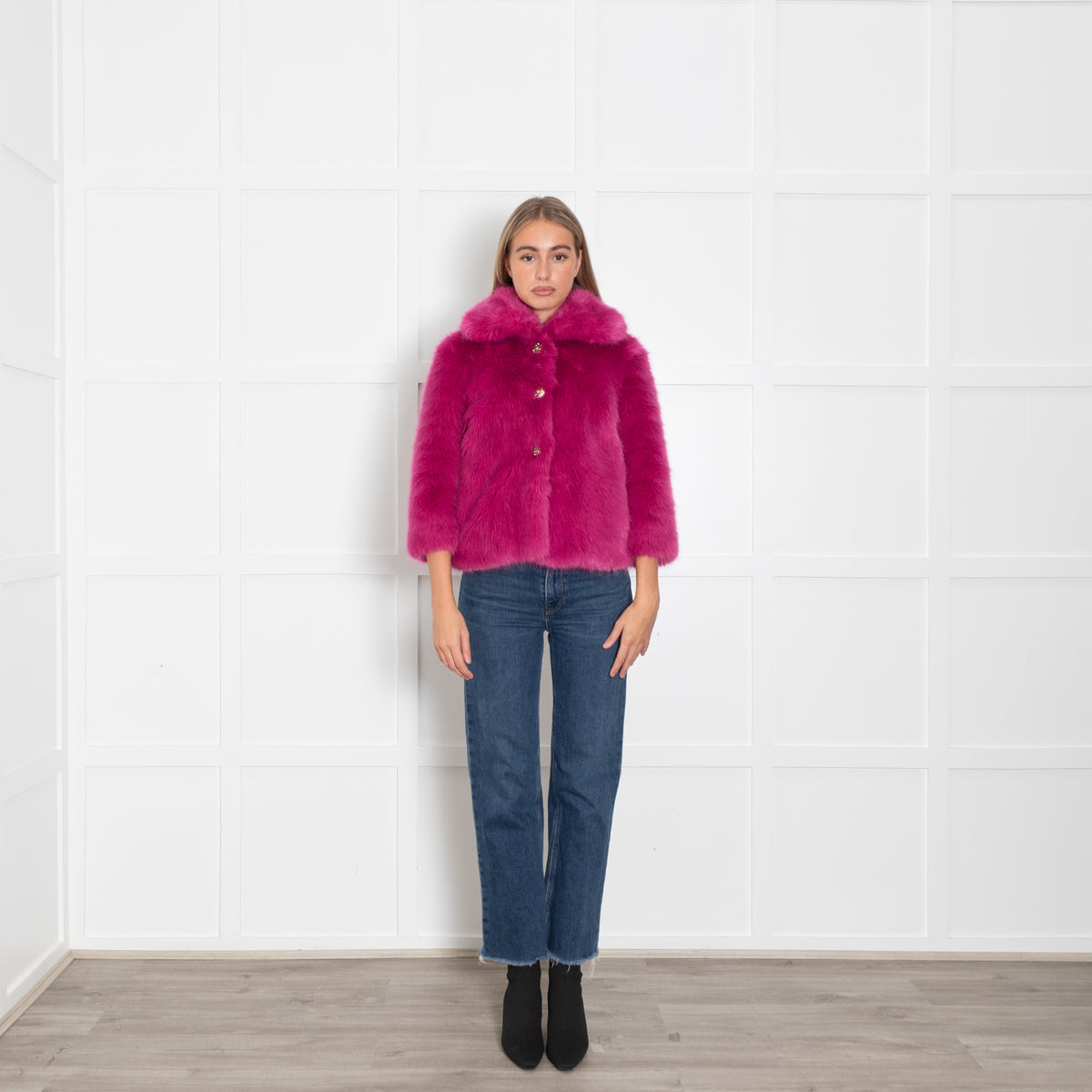 Manoush Pink Diamonte Buttons Faux Fur Jacket
