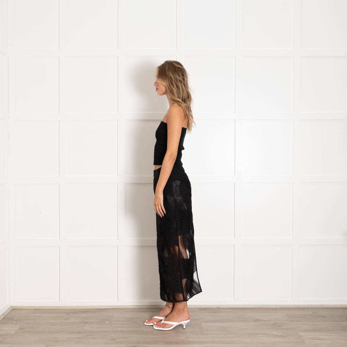 Day Birger et Mikkelson Black Maxi Skirt With Sheer Textured Wave Pattern