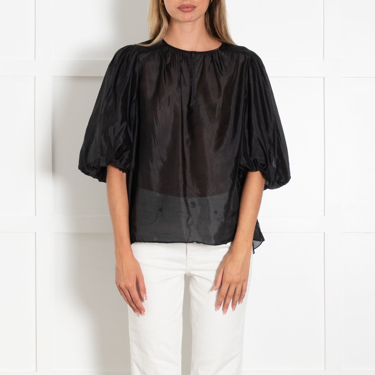 Me + Em Black Puffed Sleeves Silk Top