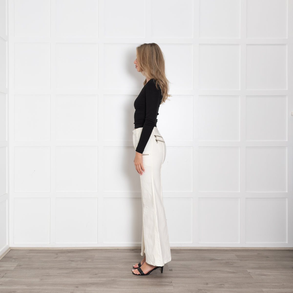 Chloe White Denim Flared Jeans with Silver Zip Details