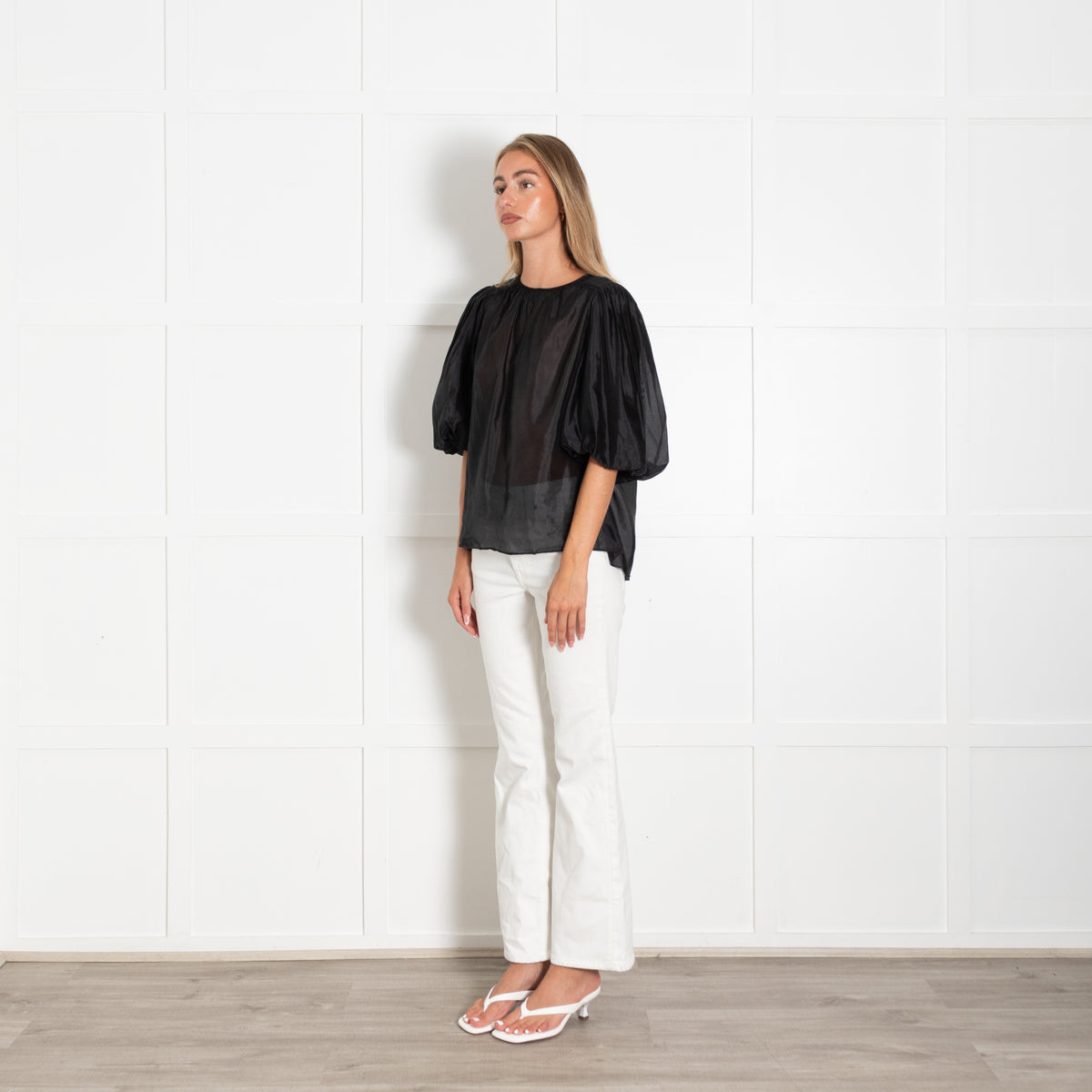 Me + Em Black Puffed Sleeves Silk Top