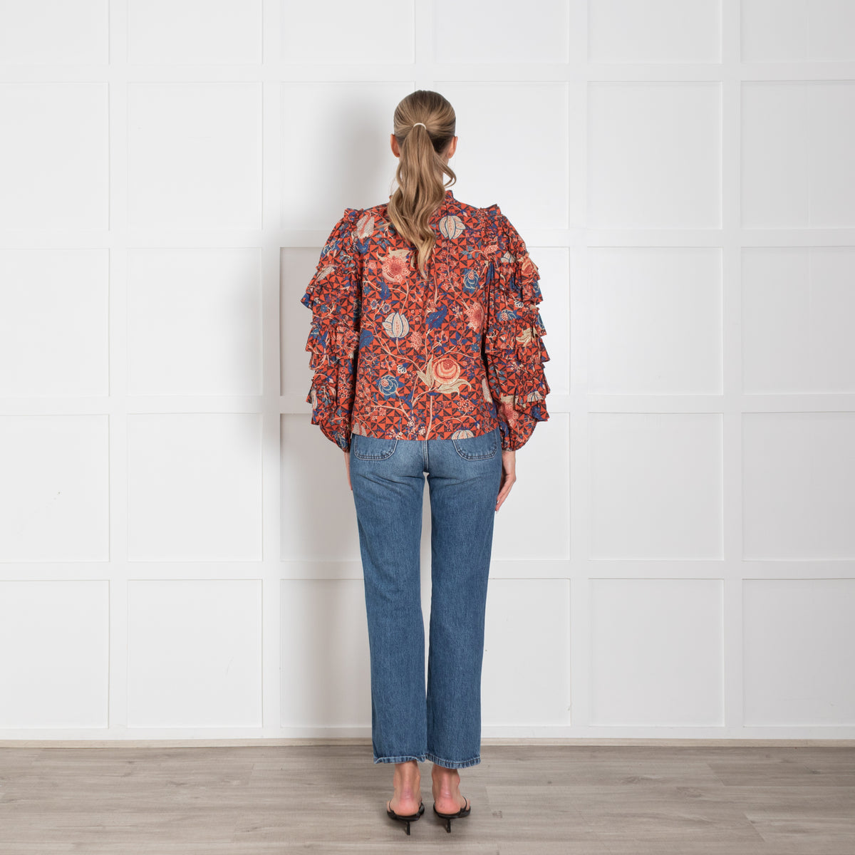 Ulla Johnson Hibiscus Floral Cotton Blouse With Ruffled Sleeves