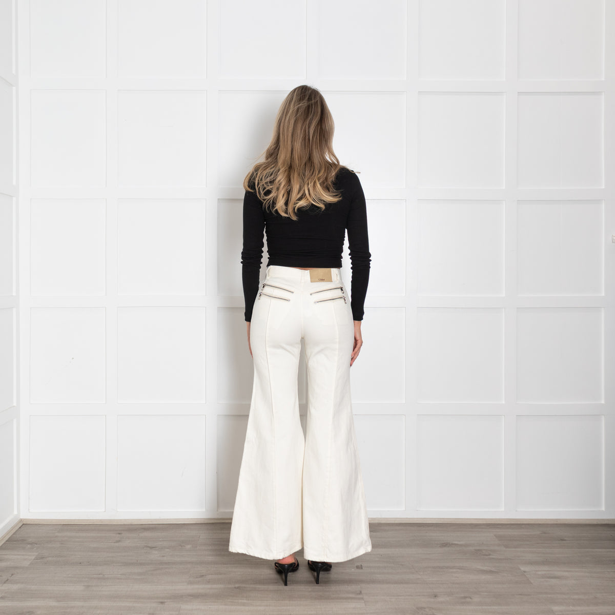 Chloe White Denim Flared Jeans with Silver Zip Details