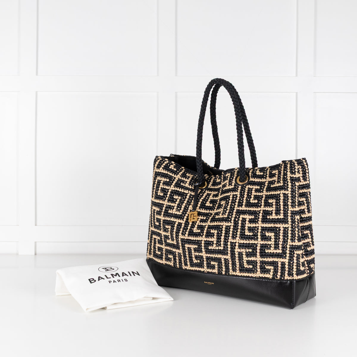Balmain Black and Natural Raffia Tote Bag with Rope Handles