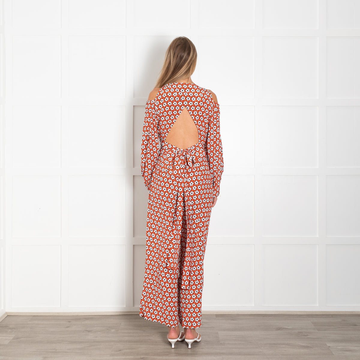 Diane Von Furstenberg Orange Black Cream Flower Wrap Jumpsuit