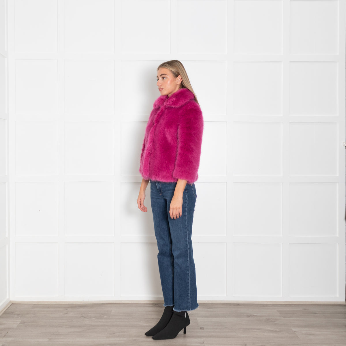 Manoush Pink Diamonte Buttons Faux Fur Jacket