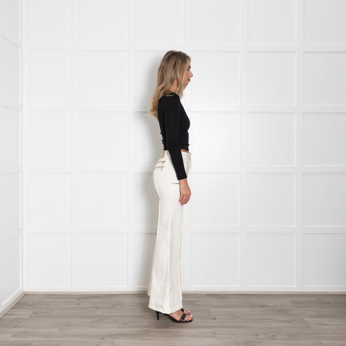 Chloe White Denim Flared Jeans with Silver Zip Details