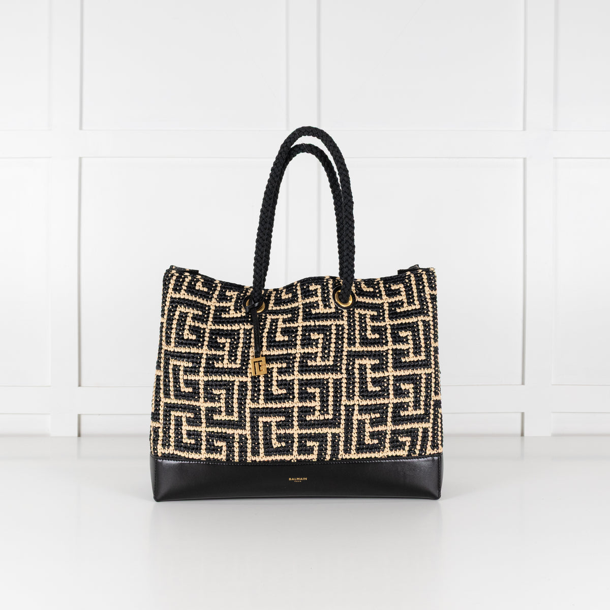 Balmain Black and Natural Raffia Tote Bag with Rope Handles