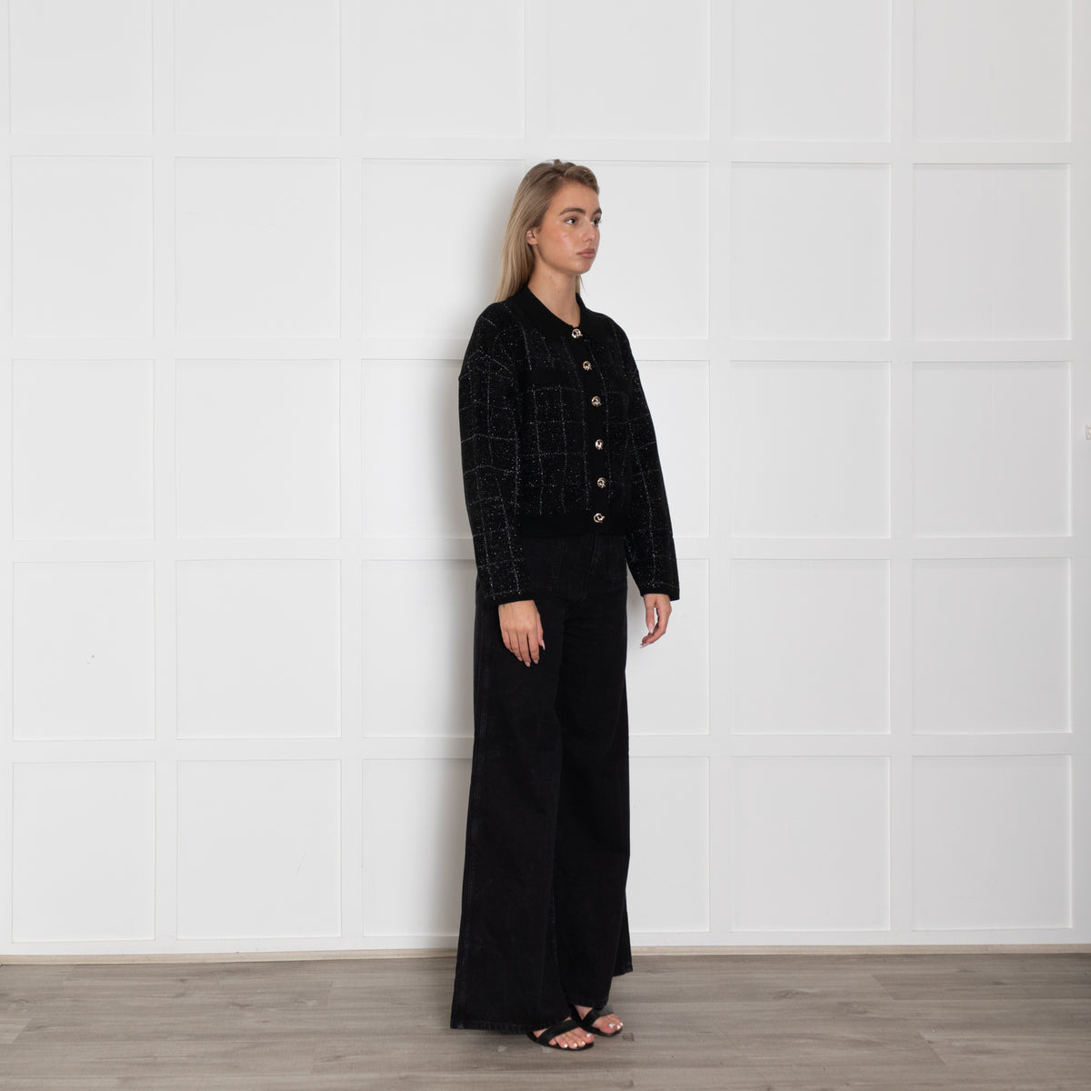Boss Black Cropped Jacket in Sparkle Tweed With Gold Buttons