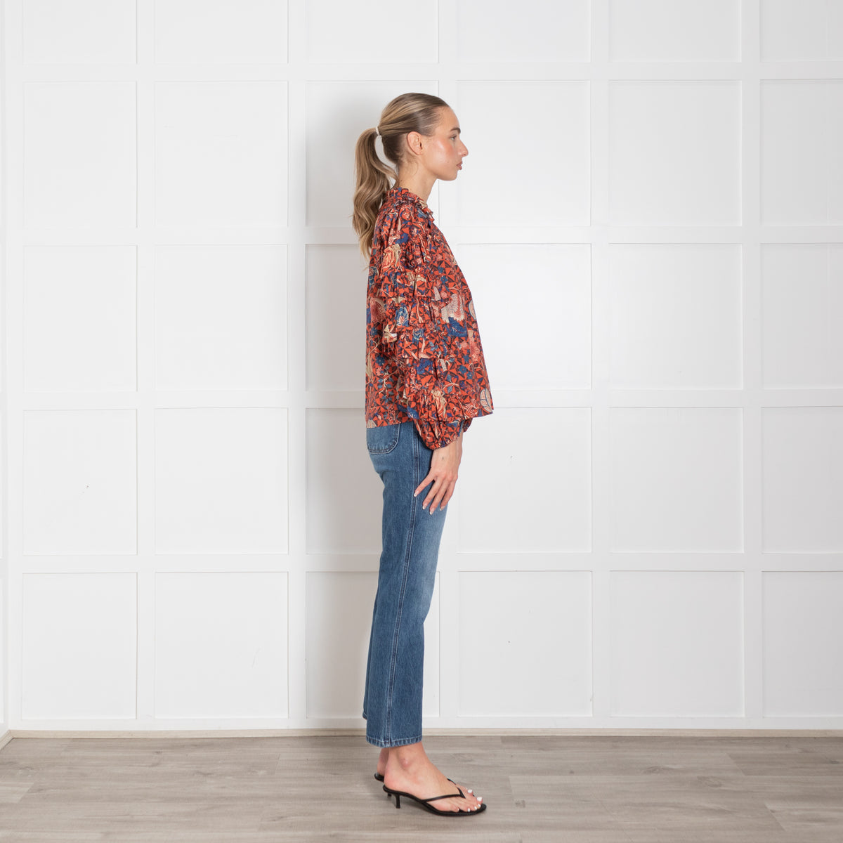 Ulla Johnson Hibiscus Floral Cotton Blouse With Ruffled Sleeves