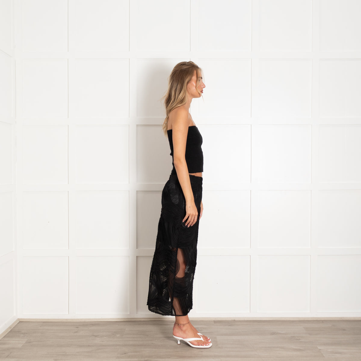 Day Birger et Mikkelson Black Maxi Skirt With Sheer Textured Wave Pattern