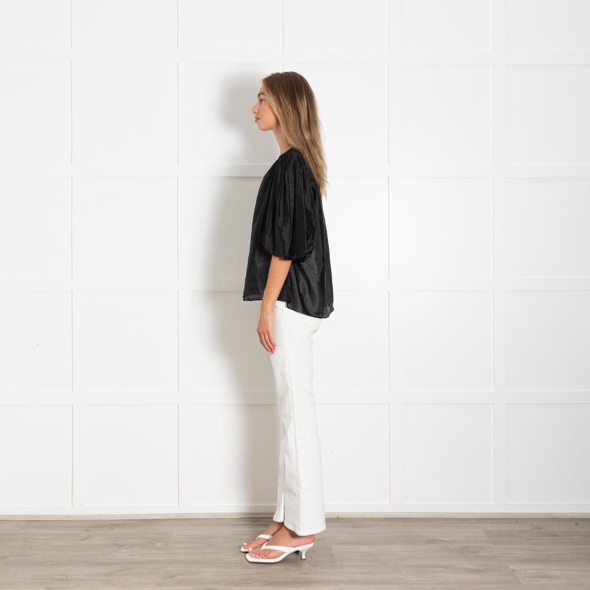 Me + Em Black Puffed Sleeves Silk Top