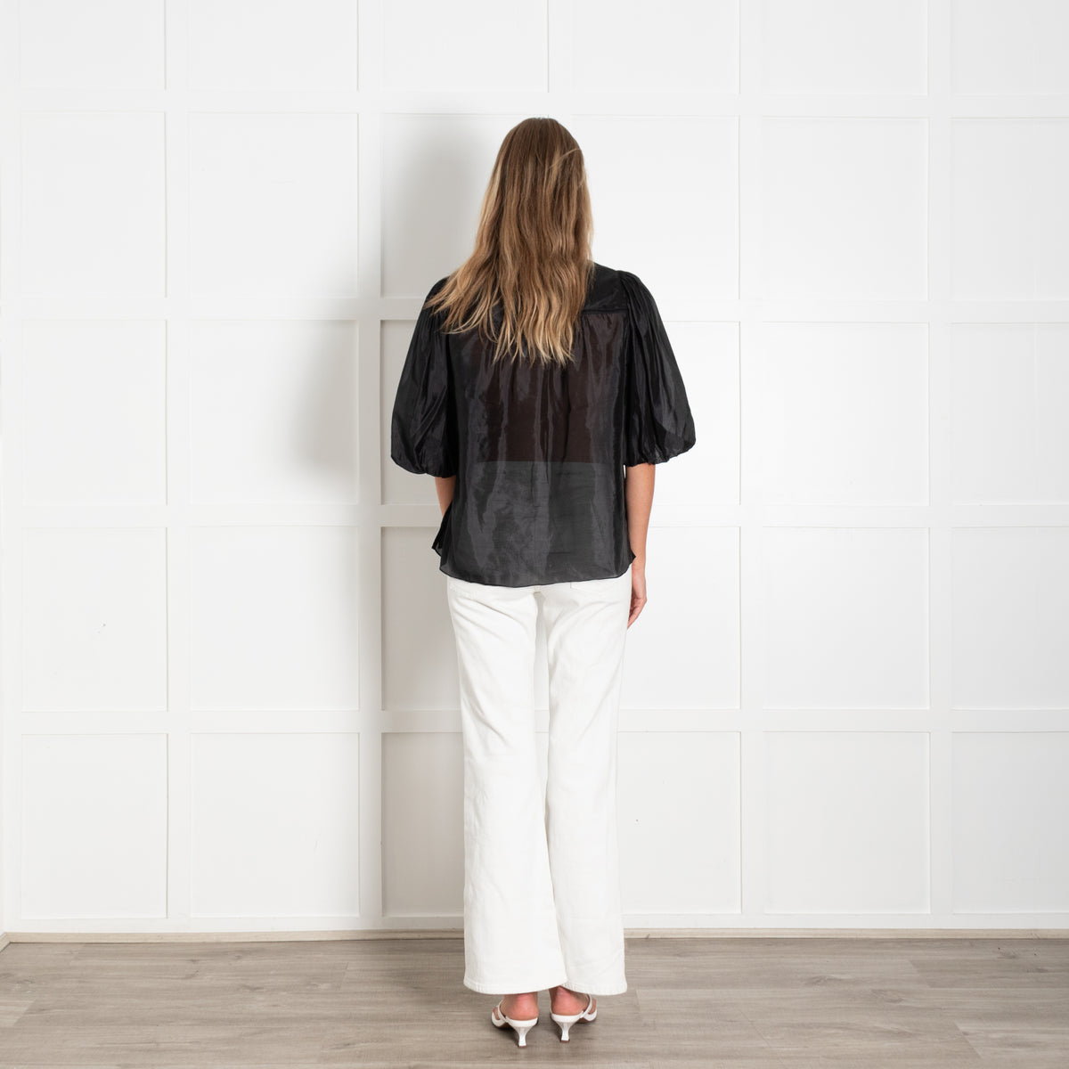 Me + Em Black Puffed Sleeves Silk Top
