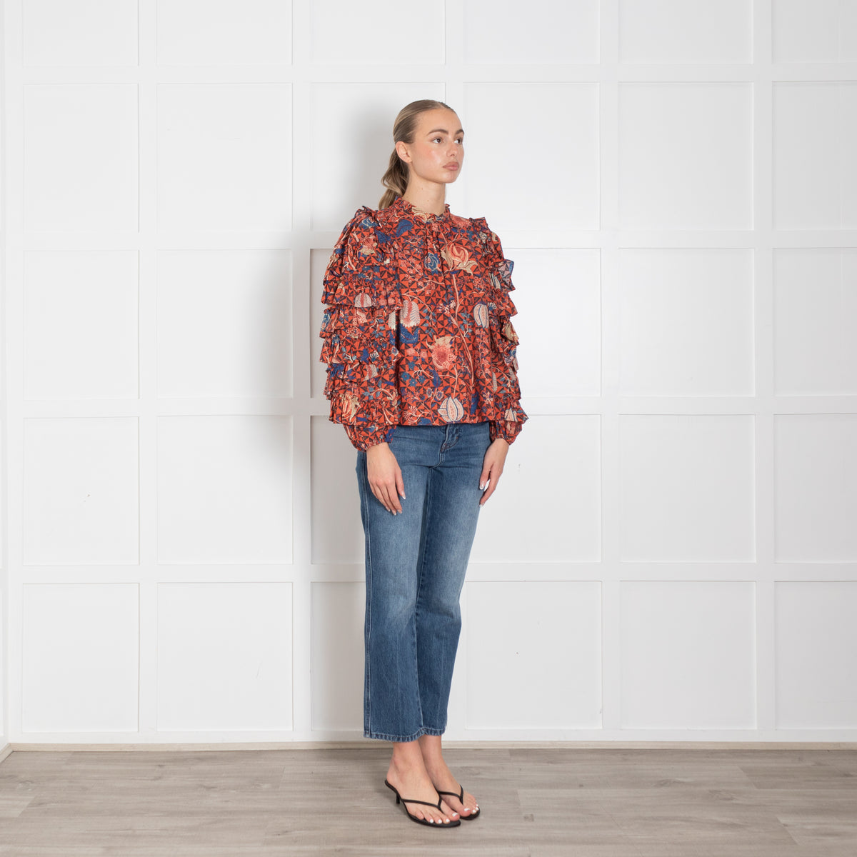Ulla Johnson Hibiscus Floral Cotton Blouse With Ruffled Sleeves