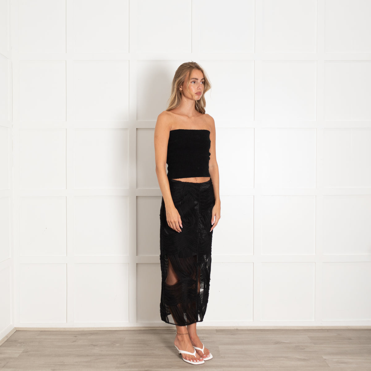 Day Birger et Mikkelson Black Maxi Skirt With Sheer Textured Wave Pattern