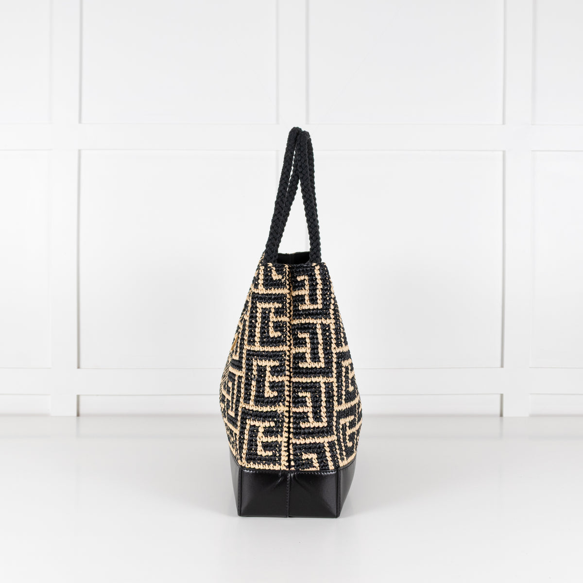 Balmain Black and Natural Raffia Tote Bag with Rope Handles
