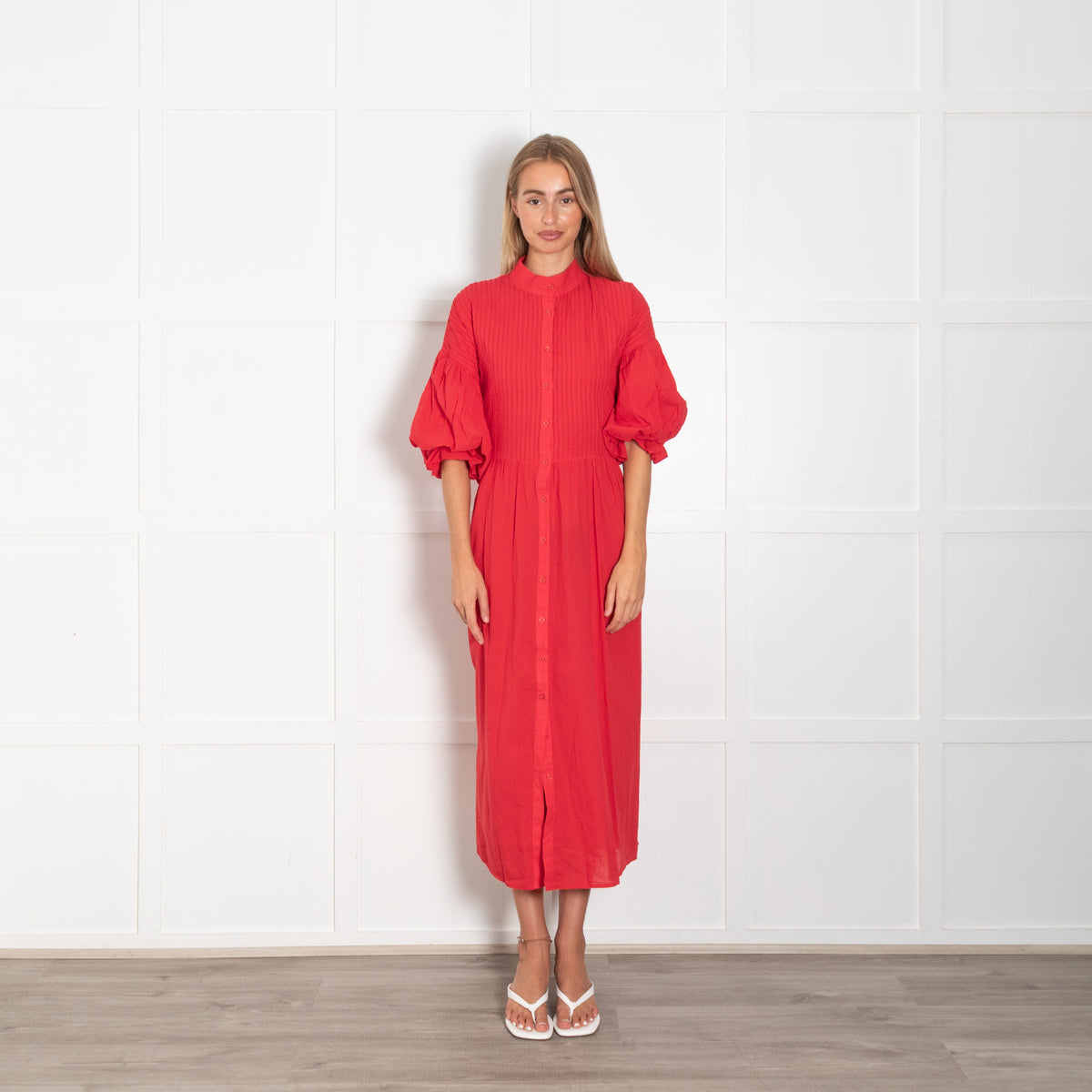 Marielle Red Pin Tuck Bodice Short Puff Sleeve Dress with Waist Tie