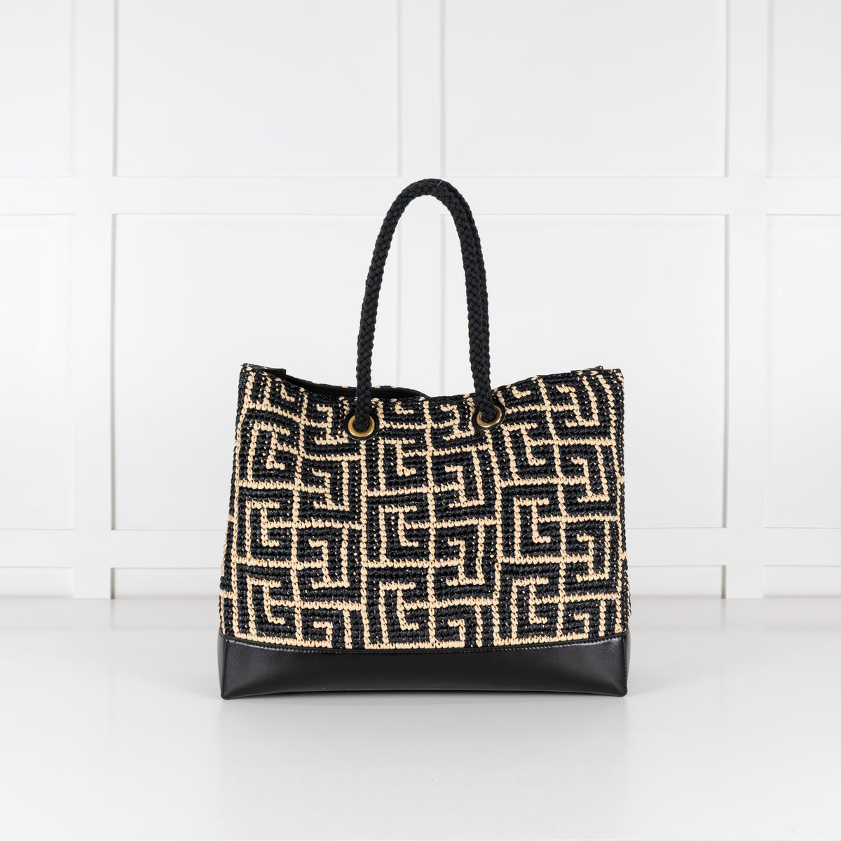Balmain Black and Natural Raffia Tote Bag with Rope Handles