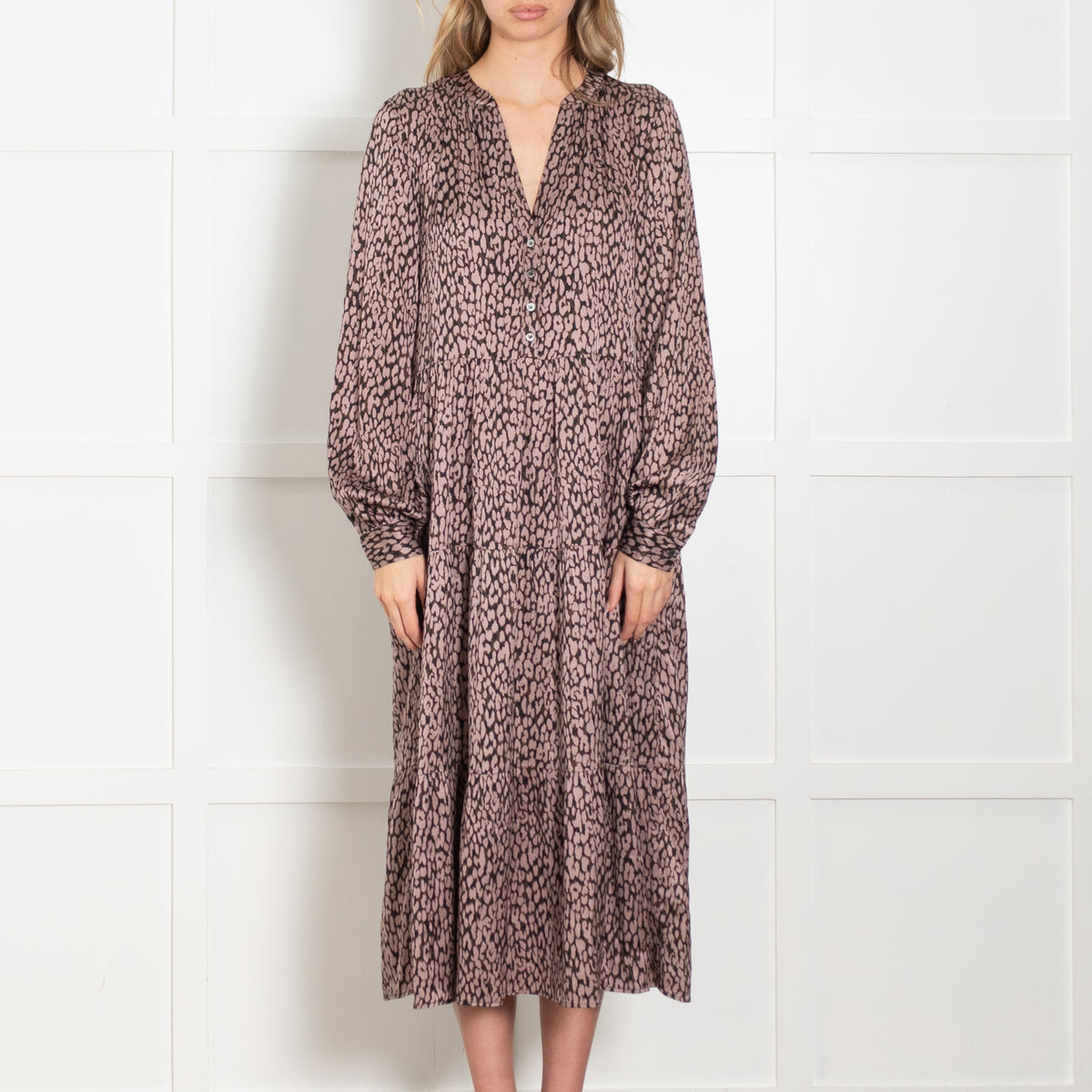 Dea Kudibal Brown And Pink Animal Print Tiered Silk Dress