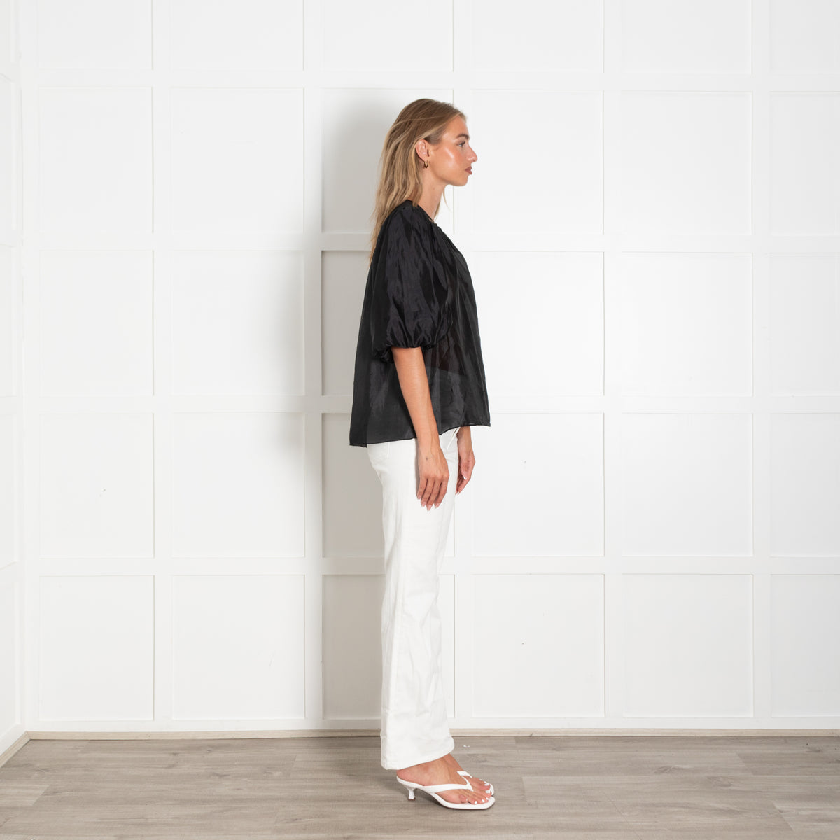 Me + Em Black Puffed Sleeves Silk Top