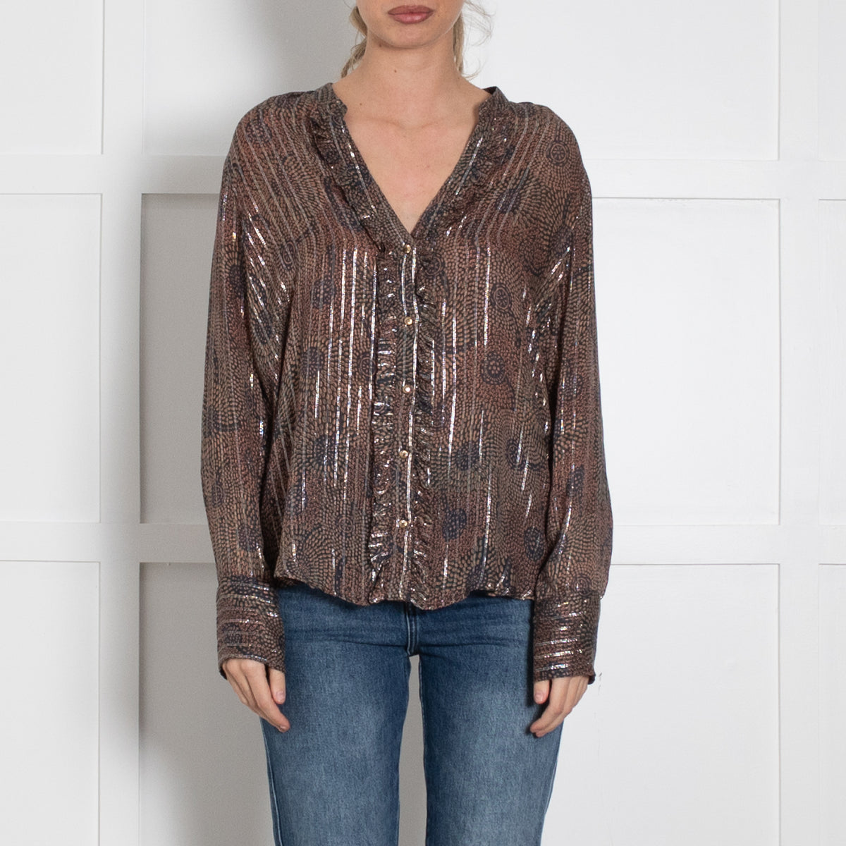 MOS MOSH Blue & Brown Patterned Frill Front Blouse With Silver Lurex Thread
