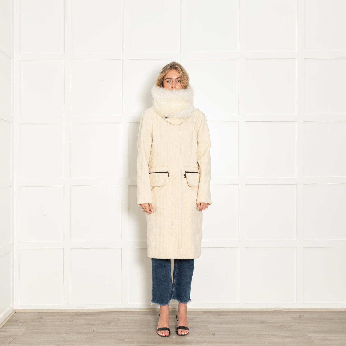 Louis Vuitton Cream Boucle Silk Wool Belted Coat with White Faux Fur Collar