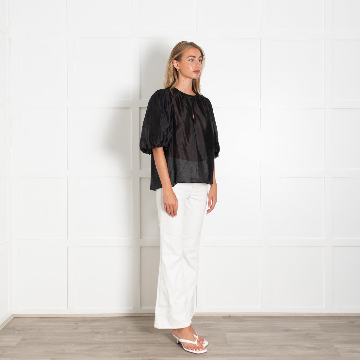 Me + Em Black Puffed Sleeves Silk Top
