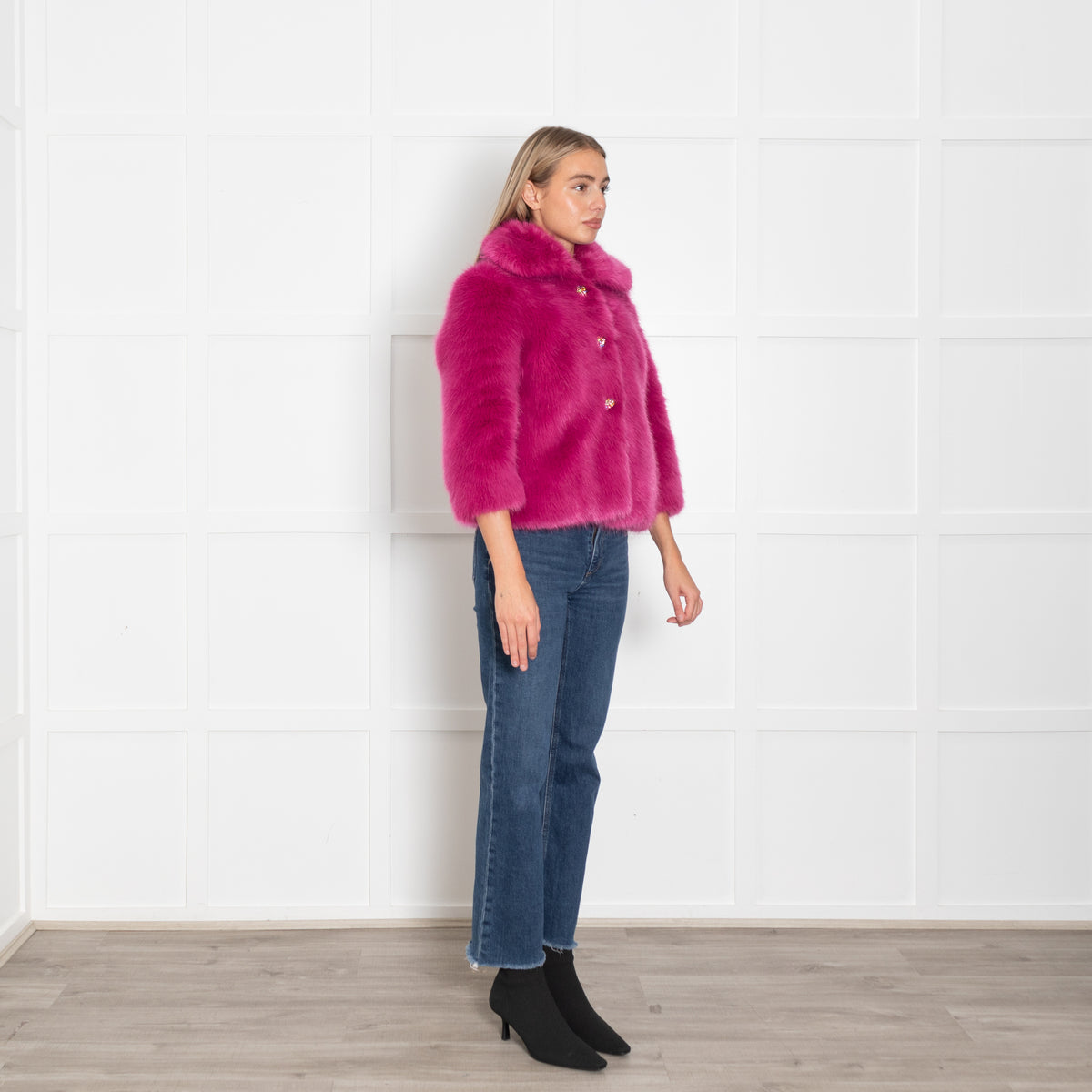 Manoush Pink Diamonte Buttons Faux Fur Jacket