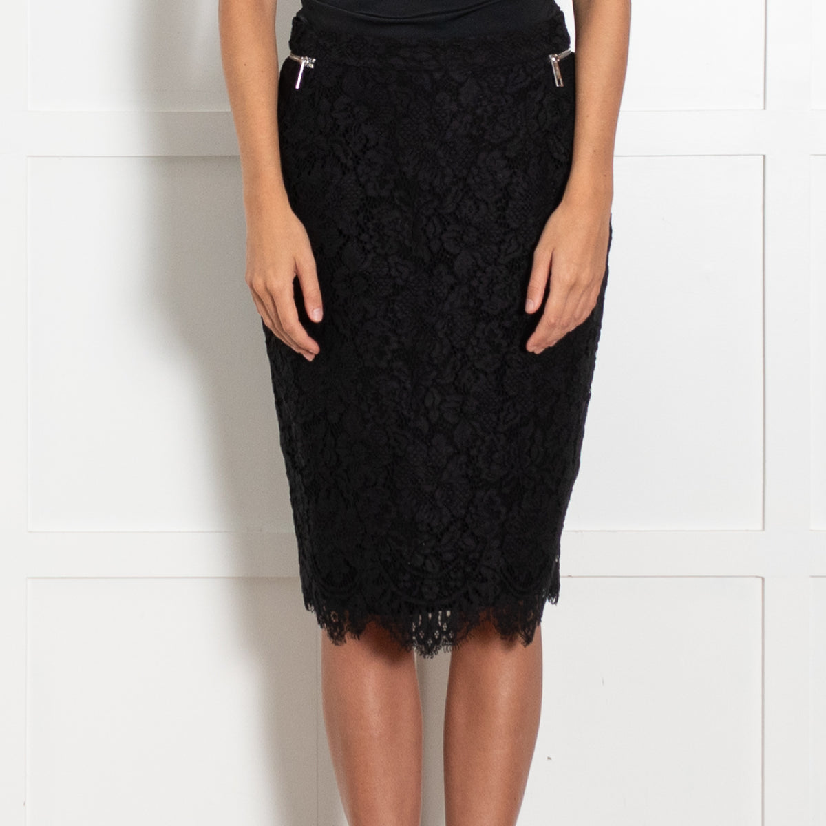 The Kooples Black Lace Skirt With Waist Silver Zips