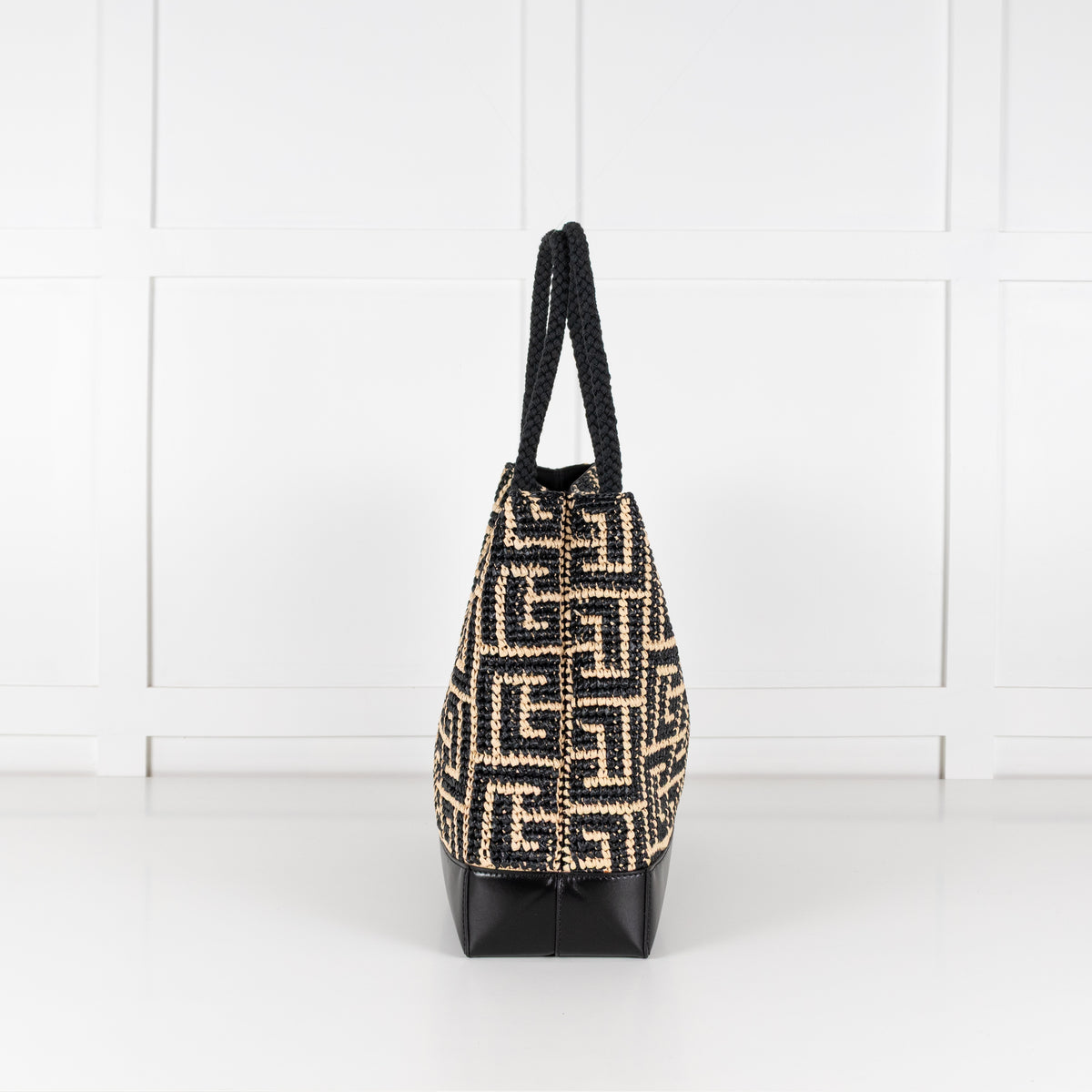 Balmain Black and Natural Raffia Tote Bag with Rope Handles