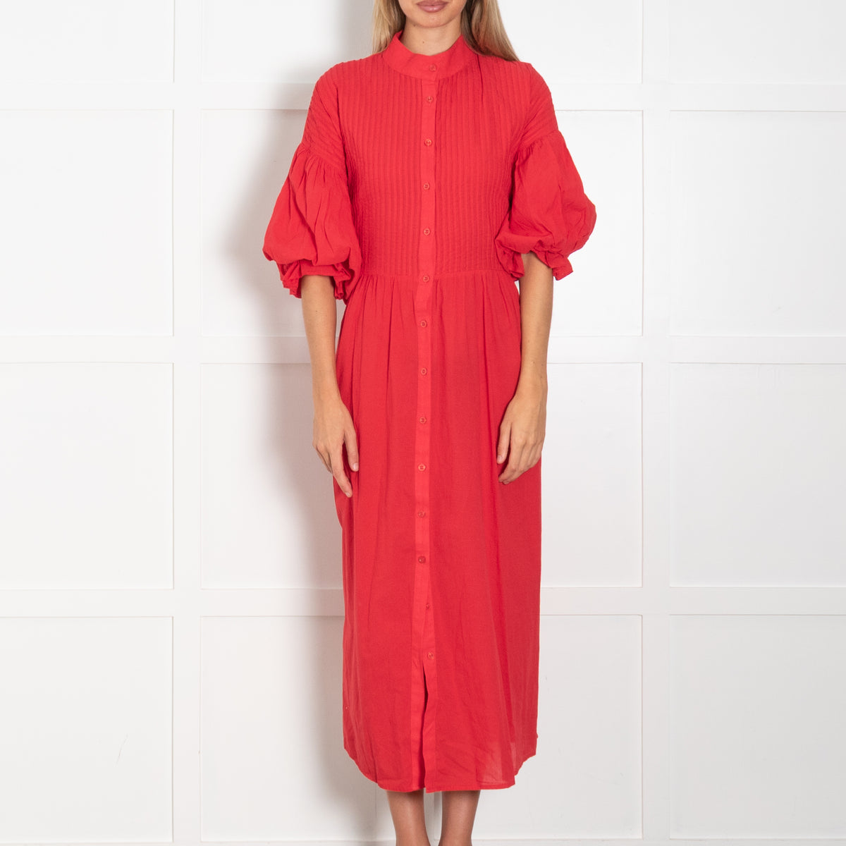 Marielle Red Pin Tuck Bodice Short Puff Sleeve Dress with Waist Tie