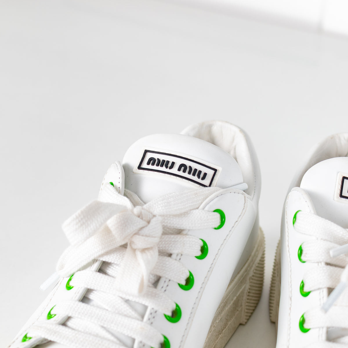 Miu Miu White Leather Trainers with Green Eyelets