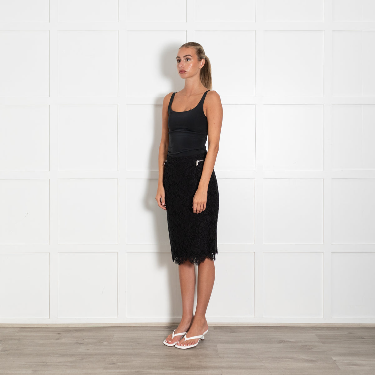 The Kooples Black Lace Skirt With Waist Silver Zips