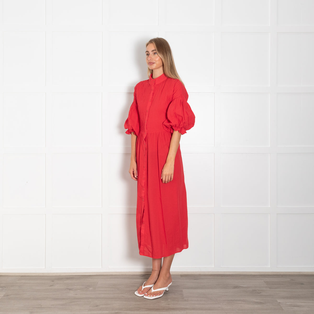 Marielle Red Pin Tuck Bodice Short Puff Sleeve Dress with Waist Tie