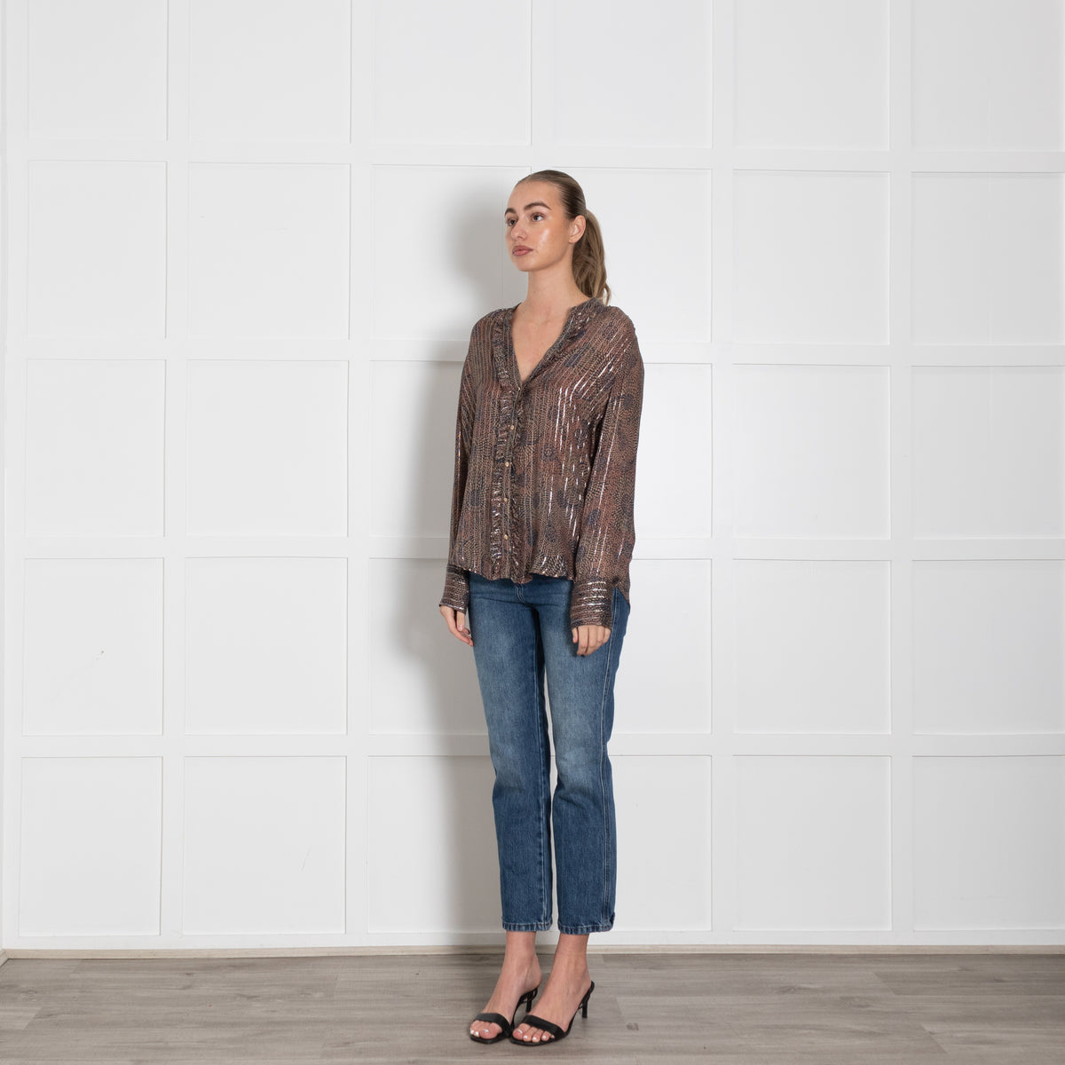 MOS MOSH Blue & Brown Patterned Frill Front Blouse With Silver Lurex Thread