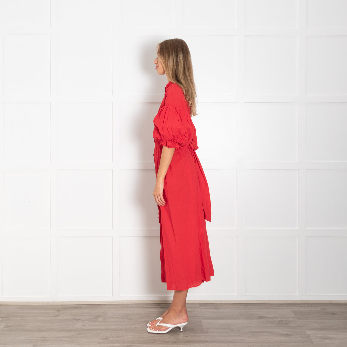 Marielle Red Pin Tuck Bodice Short Puff Sleeve Dress with Waist Tie
