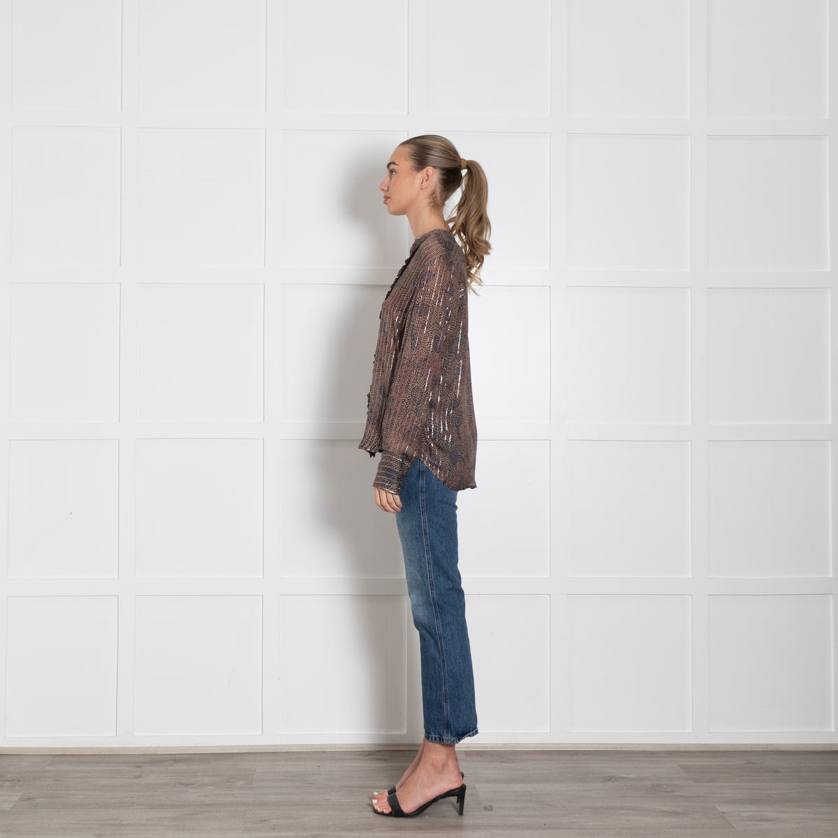 MOS MOSH Blue & Brown Patterned Frill Front Blouse With Silver Lurex Thread