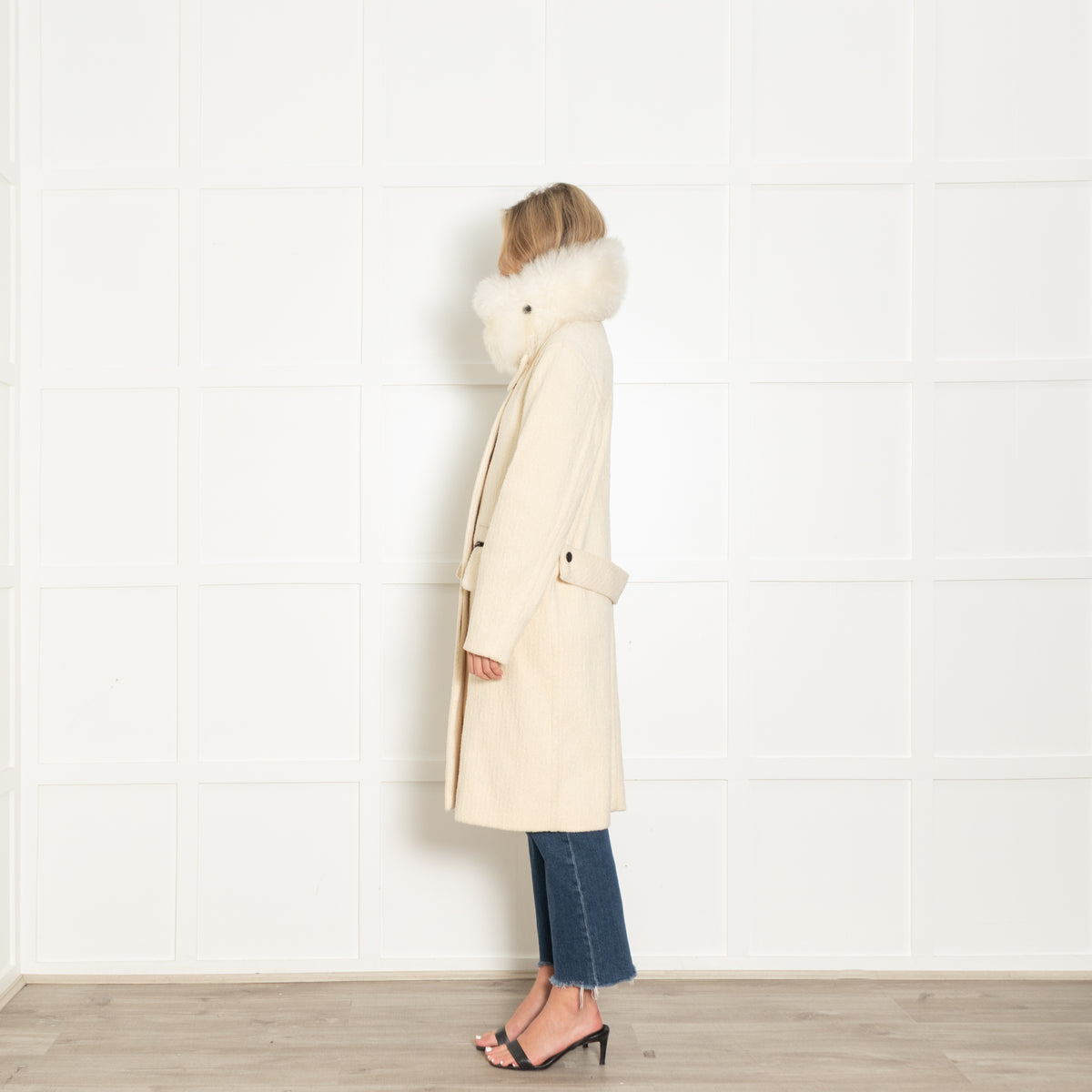 Louis Vuitton Cream Boucle Silk Wool Belted Coat with White Faux Fur Collar