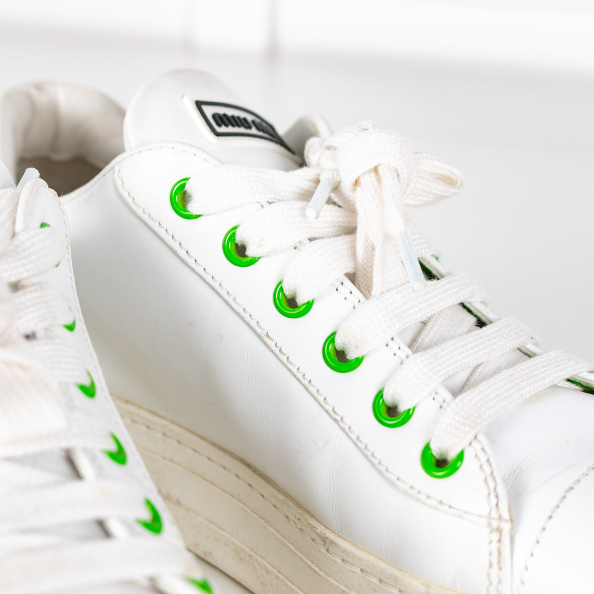 Miu Miu White Leather Trainers with Green Eyelets